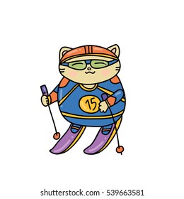 Cat skier athlete wearing ski goggles in ski uniform riding on ski with ski poles
