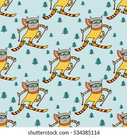 Cat skiing in the forest. Winter sport,slalom, speed skier extreme, vector illustration seamless pattern blue background.