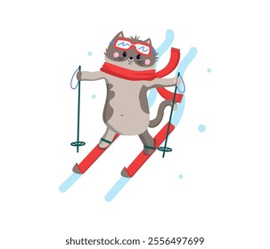 Cat skiing with poles in a knitted scarf. Snow, winter illustration. Active lifestyle, sport. Animal character, kitten. Isolated background.