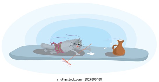 Cat in skirt sliding on the ice pushes jug of milk / cheerful curling