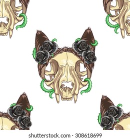 Cat skull with black roses and vine. White background. Seamless pattern background.