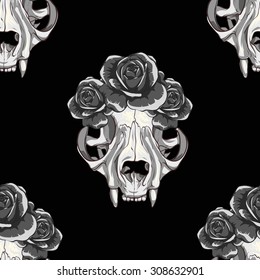 Cat skull with black roses and vine. Black background. Seamless pattern background.