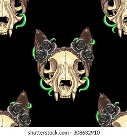 Cat skull with black roses and vine. Black background. Seamless pattern background.