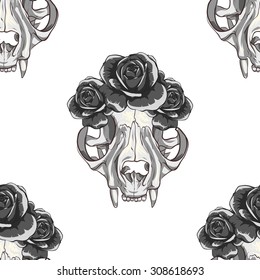 Cat skull with black roses. White background. Seamless pattern background.