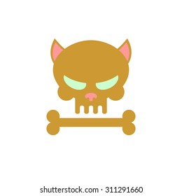 Cat skull with bones. Head skeleton of a kitty. Logo, emblem for Halloween. Brown pet