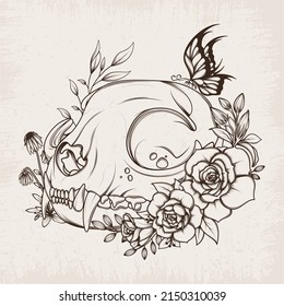 Cat skull buried in flowers. Hand drawn in vintage style. Vector illustration isolated on beige background