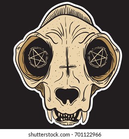cat skull cartoon illustration on black background