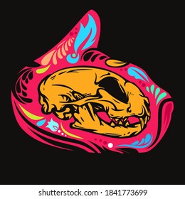 Cat skull in colorful hand drawn style with floral elements isolated on black background. Bright vector cartoon art illustration. Vivid modern design concept for tattoo, print, cover.