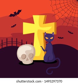 cat with skull and cross in scene halloween