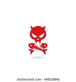 Cat skull and crossbones cross fish bones, red sign - vector illustration

