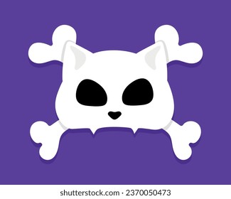 Cat skull with crossbones on purple background. Cat Jolly Roger. Vector illustration