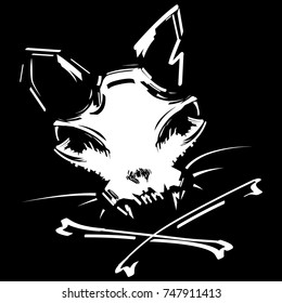 Cat skull and crossbones white over black vector illustration. Jolly Roger