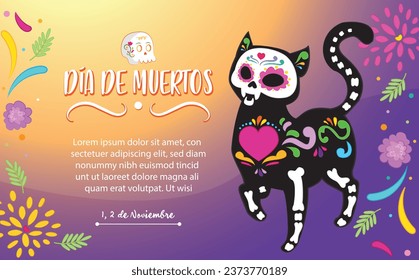 Cat skull for Day of the Dead with ethnic style. Mexican celebration with cute pet skull on the Day of the Dead. Literary skull. Day of the dead banner, post card, poster or background 