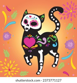 Cat skull for Day of the Dead. Mexican tradition on November. Decoration with Mexican elements dor day of the Dead. Pet sugar skull