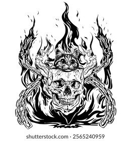 Cat and Skull flame illustration for tattoo