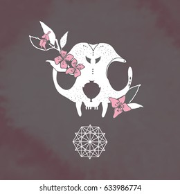 Cat skull, flowers and mandala on black background. Gothic, bohemian, halloween, tattoo, apparel design, T-shirt design. 