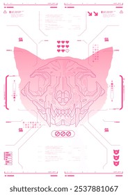 Cat skull with HUD elements. cyber culture, Modern flyer for web and print. hacking, Cyberpunk futuristic poster. programming and virtual environments.