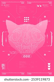 Cat skull with HUD elements. cyber culture, Modern flyer for web and print. hacking, Cyberpunk futuristic poster. programming and virtual environments.