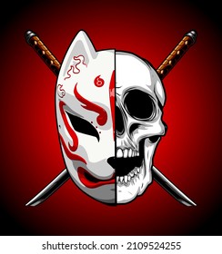 Cat And Skull Japanese Mask, T-shirt Desing, Male, Female, Tokyo, Katana, Samurai, Death, Biker, Maske, Schwert, Schädel, Masque, épée, Crâne, 
Masker, Zwaard, Schedel, Vector Templates