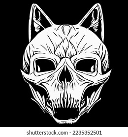 cat skull line drawing black and white, hand drawn vector picture

