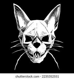 cat skull line drawing black and white, hand drawn vector picture
