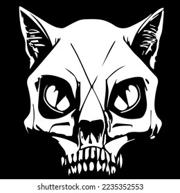 cat skull line drawing black and white, hand drawn vector picture
