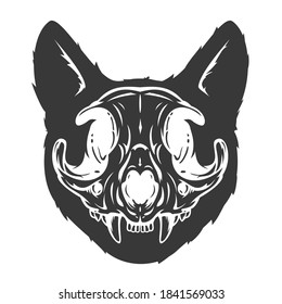 Cat skull in monochrome hand drawn style isolated on white background. Vector cartoon illustration. Retro vintage design concept for tattoo, print, cover. 