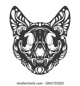 Cat skull in monochrome hand drawn style with floral elements isolated on white background. Bright vector cartoon art illustration. Vivid modern design concept for tattoo, print, cover.