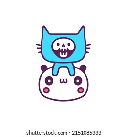 Cat skull and panda bear, illustration for t-shirt, sticker, or apparel merchandise. With doodle, retro, and cartoon style.