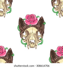 Cat skull with pink flowers and vines. Seamless pattern background. White background.