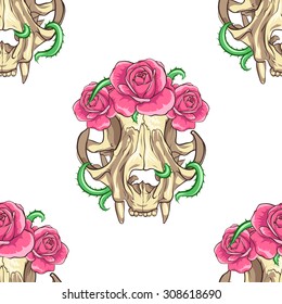 Cat skull with pink roses and vine. White background. Seamless pattern background.