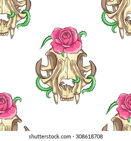 Cat skull with pink roses and vine. White background. Seamless pattern background.