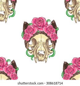 Cat skull with pink roses and vine. White background. Seamless pattern background.