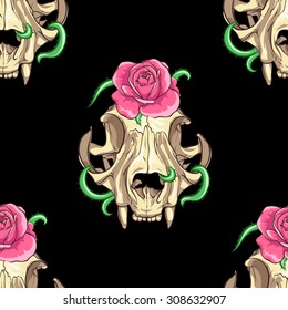 Cat skull with pink roses and vine. Black background. Seamless pattern background.