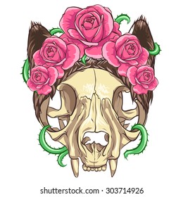 Cat skull with pink roses and vine.White background.