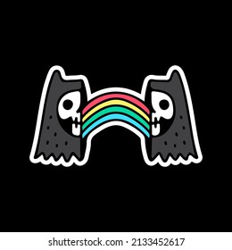 Cat skull with rainbow inside, illustration for t-shirt, sticker, or apparel merchandise. With doodle, retro, and cartoon style.