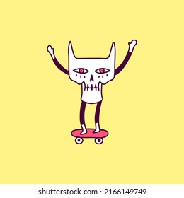 Cat skull riding skateboard, illustration for t-shirt, sticker, or apparel merchandise. Retro style.