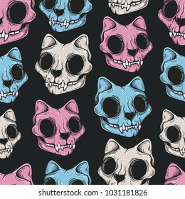 Cat skull seamless pattern. Scary background in modern line art style