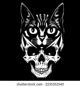 cat skull shirt print black and white, hand drawn vector picture
