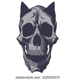 Cat skull for t shirt print monochrome, hand drawn vector picture
