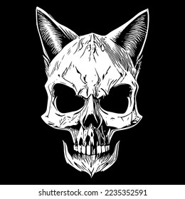 Cat skull for t shirt print black and white, hand drawn vector picture

