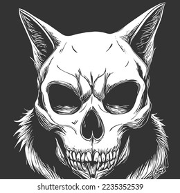 cat skull tattoo black and white, hand drawn vector picture
