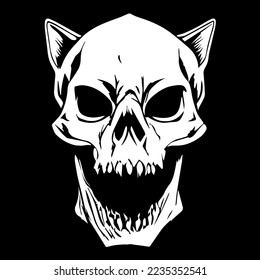 cat skull tattoo black and white, hand drawn vector picture
