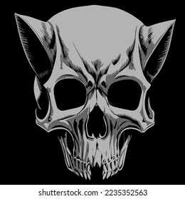 Cat skull for t-shirt print black and white, hand drawn vector picture
