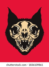 Ilustración del vector del cráneo del gato con fondo rojo
