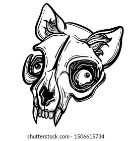 Cat skull. A wreath of leaves. Vector illustration in tattoo style.Gothic brutal skull. For print t-shirts or book coloring.
