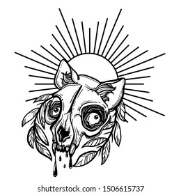 Cat skull. A wreath of leaves. Vector illustration in tattoo style.Gothic brutal skull. For print t-shirts or book coloring.