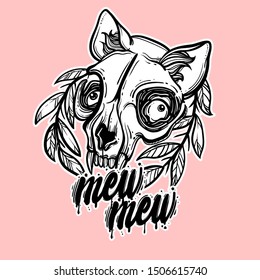 Cat skull. A wreath of leaves. Vector illustration in tattoo style.Gothic brutal skull. For print t-shirts or book coloring.