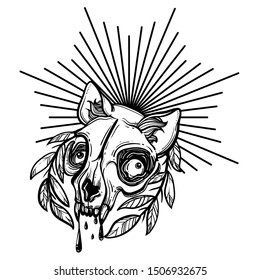 Cat skull. A wreath of leaves. Vector illustration in tattoo style.Gothic brutal skull. For print t-shirts or book coloring.