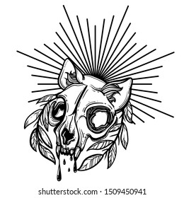 Cat skull. A wreath of leaves. Vector illustration in tattoo style.Gothic brutal skull. For print t-shirts or book coloring.